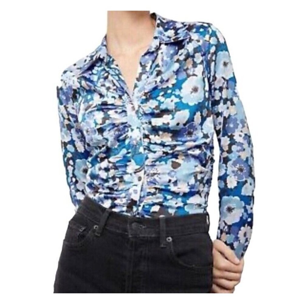 RAILS Lisa Blue Floral Ruched Button-up Collar Long Sleeve Blouse Top Size Small